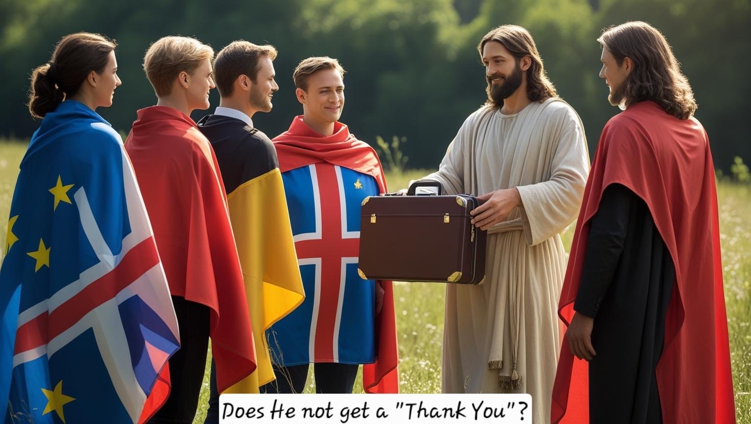 Jesus Christ giving invaluable gifts to Europe, expecting something in return, ver1