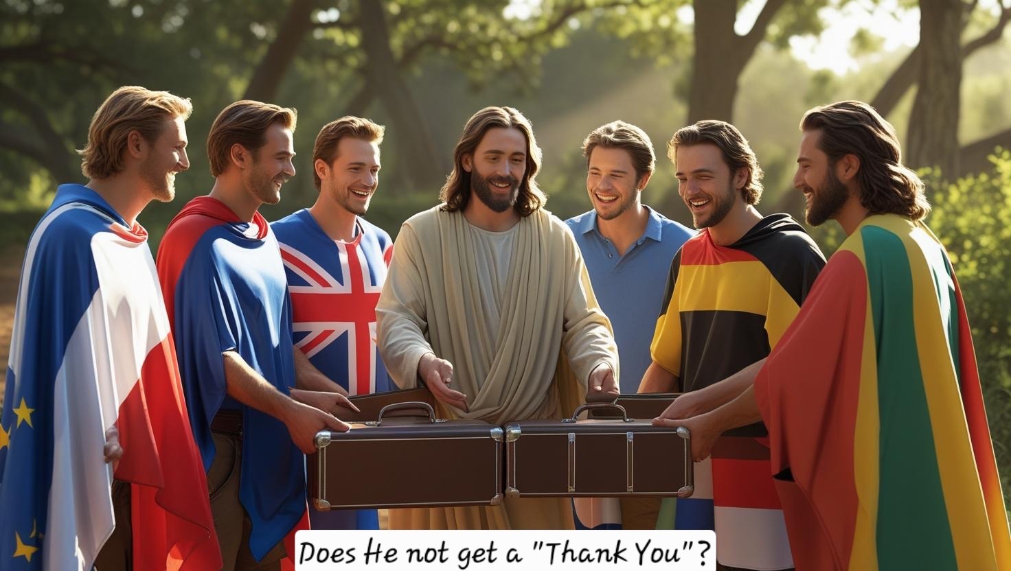 Jesus Christ giving invaluable gifts to Europe, expecting something in return, ver2
