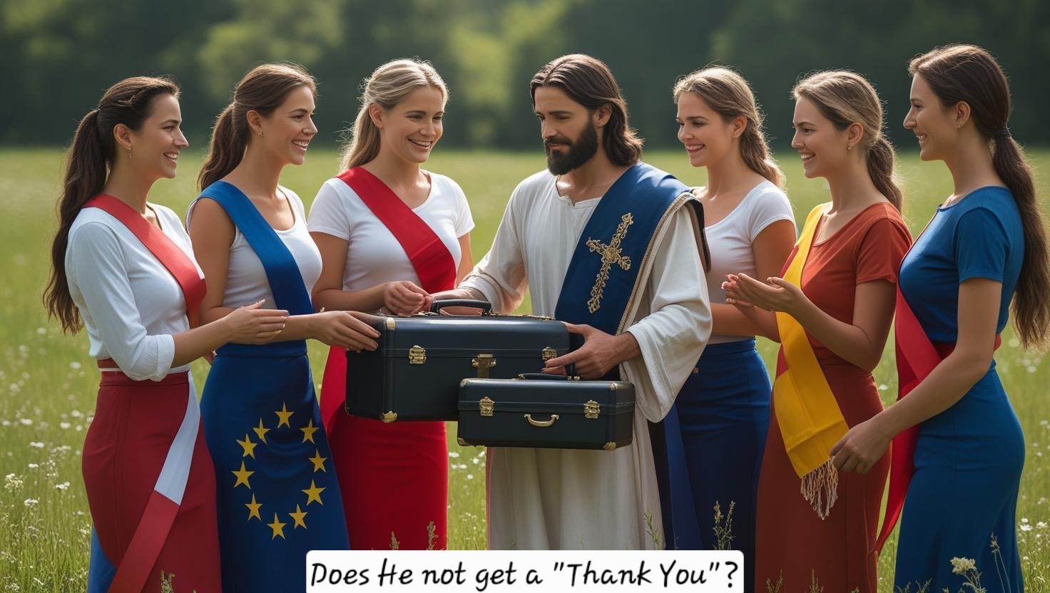 Jesus Christ giving invaluable gifts to Europe, expecting something in return, ver3